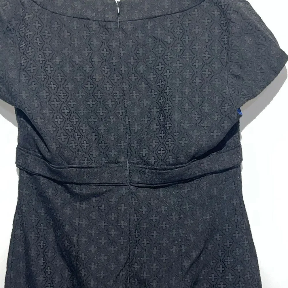 Donna Ricco Black Split Neck‎ Belted Short Sleeve Fit & Flare Dress Size 10